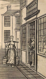 Een straatje in een stad met rechts een huis met in het midden een deur en aan weerszijden een raam. Op straat loopt een vrouw met een juk op haar schouders met daaraan twee emmertjes melk. In de deuropening staat een vrouw met een steelpan in haar hand die haar wenkt. Een derde vrouw kijkt toe van achter een raam. Boven de deur staat: T ITALIA COFFIHUIS.