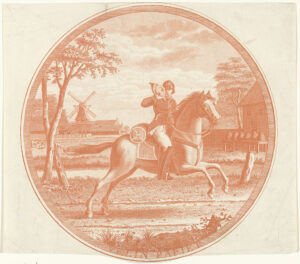 Een postiljon (postrijder) te paard blaast op zijn hoorn. Op de achtergrond een molen en bij een huis een tafel met bijenkorven (een speelse verwijzing naar de papierfabrikanten, C. en J. Honig).