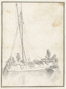Tekening van een schip, de zeilen zijn gestreken. Aan de achterkant een groot roer waar een man bij staat. voor staan twee mannen die we op de rug zien. Naast het schip drijft een roeibootje.