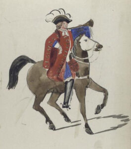 Man met een zwarte hoed met witte veren en een lange rode jas en blauwe broek op een paard. In zijn linker hand heeft hij een trompet.