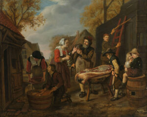 Tussen schuren achter een huis krijgt een man die bezig is een varken te slachten een glas bier aangereikt van een vrouw. Rechts spelen enkele kinderen, een jongen blaast een varkensblaas op, links een knecht en een meid.