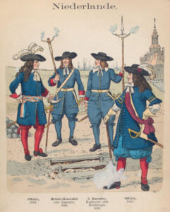 Vier mannen staan bij elkaar, links een officier (1680) met een zwarte hoed met witte veren, een blauwe jas en rode broek en rode sokken. Hij leunt op zijn staf, zwaard aan zijn riem. Naast hem een Meister-Konstabel of Kanonier (1680) zwarte hoed en verder in het blauw. Kruithoorn aan zijn riem. In zijn rechter hand een stok met daaraan twee rokende lonten. Naast hem een tweede kanonier of handlanger (1680), zelfde uniform, zonder kruithoorn en met een speer met twee lonten. Rechts een Officier (1668), Blauwe jas, zwarte hoed met witte veren, witte handschoenen, blauwe broek. Rode sjerp van zijn rechterschouder naar zijn zij.