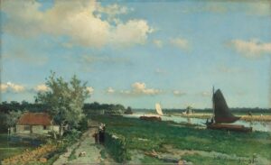 Een vredig landschap, geschilderd in heldere kleuren: dit vroege schilderij van Weissenbruch staat nog dicht bij de romantiek. Maar anders dan de romantische schilders paste Weissenbruch dit landschap niet aan zijn fantasie aan, maar gaf hij het topografisch correct weer. Het kanaal de Trekvliet verbond Den Haag met de nabijgelegen dorpen Rijswijk en Voorburg. In de verte links is kasteel De Binckhorst te zien en rechts staat de Laakmolen.