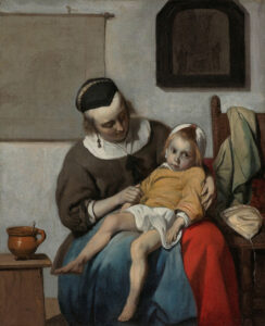Het zieke kind. Een moeder zit met een kind op haar schoot. Links op een tafeltje staat een pot met een lepel, rechts liggen kleren en een muts op een stoel. Aan de muur hangen een landkaart op rollen en een schilderij met een kruisiging.