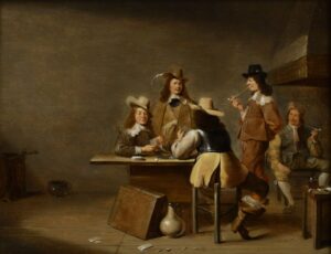 In het midden van een kale ruimte staat een tafel waaraan twee soldaten zitten te kaarten. Op de achtergrond staat een soldaat mee te kijken, rechts een staande en een zittende soldaat die een pij roken. Op de grond onder de tafel liggen kaarten en een omgevallen triktrakspel. Naast het spel staat een vaas. Helemaal links zie je nog net de poten van een omgevallen stoel en een po.