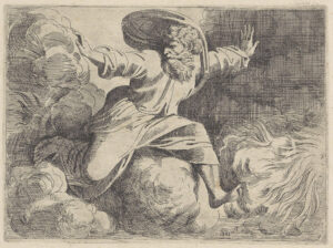 God, een oude man met baard, duwt wolken weg bij de vlammen in de voorgrond rechts. Genummerd rechtsonder: 5.