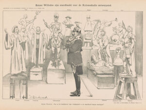 Keizer Wilhelm II staat in uniform en met helm met een vogel erop tussen verschillende standbeelden die verschillende kanten van hem belichten: de prediker, Aegir, de kruisridder, de Oranjevorst, de veldmaarschalk, de schilder, de reiziger, de vredesengel, de civilisator, de gepantserde vuist, Arion en de emperator. Onder de tekening staat: KEIZER WILHELM : "Hoe zal de beeldhouwer mijn veelzijdigheid in één standbeeld kunnen vereenigen?"