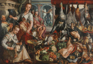 De welvoorziene keuken, met op de achtergrond Jezus bij Martha en Maria. In de keuken zijn twee dienstmeiden bezig met het bereiden van eten. De een plukt een kip, de ander rijgt een kip aan het spit. Links zitten anderen bij de haard. Op de voorgrond liggen allerlei soorten wild (haas en konijn) en gevogelte (haan, eend, kleine zangvogels, fazant partijs, parelhoen), groenten (artisjokken, bloemkool, schorseneren, meiknollen, komkommer) en vruchten (druiven, pruimen, citroen, granaatappels, meloenen) uitgestald. Hiertussen ook verschillende glazen, kruiken, kannen en borden.