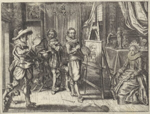 Een schilder staat achter zijn schildersezel, palet en penseel in de hand. Op de ezel het portret van een elegant geklede dame die, rechts, voor hem zit te poseren. Achter haar een tafel waarop enkele bozetti en twee antieke koppen. Op de vloer liggen verschillende panelen. Links komt een elegante heer met een hond het vertrek binnen. Achter de schilder een jongeman en een hond.