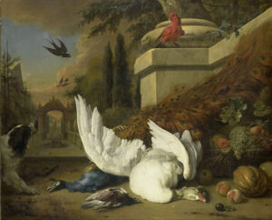 Een hond bij een stilleven van gevogelte (dode gans en een pauw) en fruit (druiven, meloen, perziken en appels). Op een balustrade zit een papegaai, in de lucht een zwaluw en een appelvink. Op de achtergrond een laan in een park of tuin.