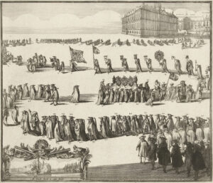 De begrafenisstoet van Michiel Adriaansz. de Ruyter op 18 maart 1677. De begrafenisstoet gaande over de Dam langs het stadhuis naar de Nieuwe Kerk te Amsterdam. Linksonder een kleinere afbeelding van het afvuren van eresalvo's.