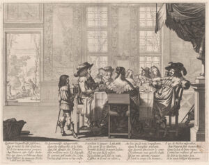 Gravure van een rijke man die met zijn gezelschap in een interieur met hoge ramen en gobelins aan de muur aan een feestelijke maaltijd zit. Links een bediende. Door de deuropening is te zien hoe de arme Lazarus wordt weggejaagd.