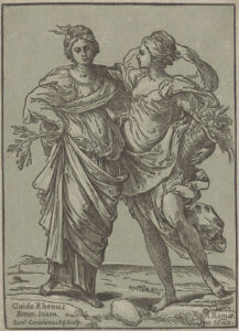 Vrouwelijke personificaties van de vrede (Pax) met olijftak en van de overvloed (Abundantia) met hoorn des overvloeds (cornucopia).