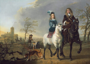 Een heer in het bruin met lang haar rijdt op een zwart paard, een dame in het blauw op een wit paard. Er achter lopen wat honden, het lijkt of ze een spoor volgen. Op korte afstand achter de dame en heer loopt een man te voet met twee jachthonden aan een touw, op de achtergrond nog twee ruiters. Ze rijden door een Italiaans aandoend landschap.