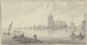 Een brede rivier met op de achtergrond de grote kerk van Dordrecht. Links voor twee mannen op een vlot van gigantische boomstammen. Rechts een roeibootje en voor het vlot twee zeilbootjes.