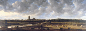 Op de achtergrond onder een grote lucht met veel wolken ligt de stad Den Haag. De grote kerk steekt boven alles uit. Verder zijn er wat andere torens en enkele hoge gebouwen. Links een vaart met trekschuiten en andere boten. Op de jaagpaden zijn allerlei mensen onderweg, langs de vaart staan molens. Rechts van de vaart weilanden. In het voorste weiland staan koeien en paarden, in de weilanden daarachter wordt gehooid. Overal staan grote hooibalen en het hooi wordt op een paard en wagen geladen.