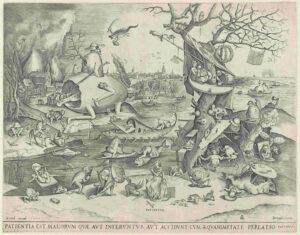 De personificatie van Geduld zit midden in een landschap op een steen met een kruis in de handen. Om haar heen staan verschillende monsters. Rechts een dode holle boom, waarin monsters dansen en waarop een nar en een vrouw zitten. In de rivier bevinden zich verschillende monsters. Aan de overzijde van de rivier een monster bestaande uit een eierdop met hoofd, armen en benen. Uit de gebroken dop komt een man tevoorschijn, uit wiens rug een dode boom groeit. Onder de voorstelling een verklarende tekst in het Latijn: patientia est malorum quae aut unferuntur aut accidunt cum aequanumutate perlatio