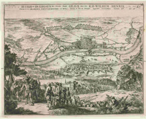Een kruising tussen een kaart en vogelvlucht van Grave, in het midden stroomt de Maas, Aan de bovenkant ligt grave aan de onderkant een ander bastion. Op de voorgrond Willem II met zijn soldaten. Over de wegen zie je de troepen richting de vesting lopen.