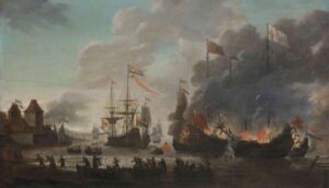 Op de voorgrond en links sloepen met zeelieden en soldaten. Uiterst links het fort Sheerness dat is ingenomen door de Nederlanders. In het water liggen twee grote schepen met een Engelse vlag die in Brand staan. Daarnaast liggen er een paar Nederlandse schepen. Overal zit je mannen: in het wand, op de boeg, over boord springen...