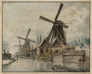 Een sloot, met op de voorgrond eendjes. Aan de rechterkant van de sloot staan drie molens op rij. Bij de eerste molen zien we duidelijk ook het woonhuis en de schuurtjes. Na de eerste molen gaat er een hoog bruggetje over de sloot. Achter de molens staan woonhuizen. Op de linker oever van de sloot staat een knotwilg.