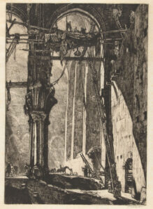 De concertzaal St. James's Hall wordt (in 1905) afgebroken. Het licht valt van links de hal in, waar werklieden met de afbraak bezig zijn. Rechts een lange ladder die naar een stellage onder een van de bogen leidt.