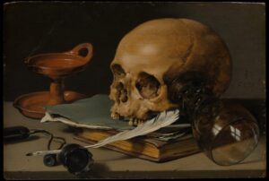 Op een tafel ligt een boekje met daarop een paar papieren in een mapje. Daar bovenop ligt een schede. Aan de rechterkant is een roemer van het boek gevallen, op de voorgrond een ganzenveer die gebruikt is om mee te schrijven en iets van een napje. Links op de achtergrond een lege kaarsenstandaard. Alle onderdelen van dit Vanitas stilleven duiden op de vergankelijkheid en het verstrijken van tijd.