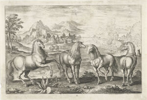 In een bergachtig landschap met op de achtergrond meerdere dorpjes staan vier paarden met krullende manen en staarten.