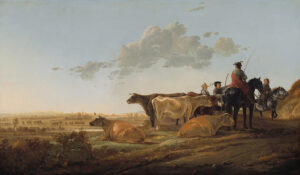 In een vlak landschap met een rivier en een dorp op de achtergrond staan twee veehoeders met hun ossen en koeien. Eén van de veehoeders wijst een man op een paard de weg. Op de achtergrond nog een ruiter.