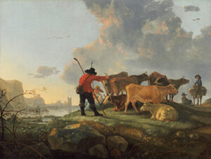 In een bergachtig landschap stroomt links op de achtergrond een rivier langs een kasteel. Op de voorgrond een hoeder met zijn vrouw en zeven koeien. Daarachter een man op een bepakt ezeltje.