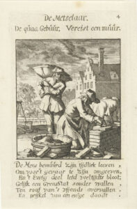 Op een gravure legt een man zorgvuldig een steen op een muurtje. Op de grond liggen losse stenen, naast hem een ton met daarin zand of kalkmortel (?). Achter hem staat een man te kijken die een soort teil op zijn schouder heeft. Boven de afbeelding staat de tekst: De Metselaar. De quaa Gebuur, Vereist een muur. En onder de prent: De Mens bemuurd zijn tijliek leeven, Om voor 't gevaar te zijn omgeeven, En 't Ewig deel leid veeltijdts bloot; Gelijk een Grensstat sonder wallen, Ten roof van 's vrijands overvallen, En prijkel van een ewge doodt.