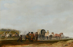 De cavalerie valt met met ruiters soldaten en wagens aan . De ruiters komen van rechts. Op de voorgrond een groepje soldaten met speren, zwaarden en geweren, ze schieten op de ruiters. Rechts en op de achtergrond wagens. De koetsier van de voorste wagen probeert met alle macht de paarden in beweging te krijgen. Die zien er nog vrij relaxed uit.