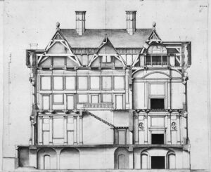 Doorsnede van een huis met een kelder, een begane grond en vandaar een trap naar de tweede verdieping die uitkomt in een hoge zaal.