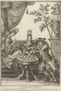Een gezelschap op een bordes, gekleed volgens de mode van 1680. Een man en vrouw zitten te schaken. Een bordurende vrouw kijkt toe. Beide vrouwen hebben een fontangekapsel. Onderschrift, midden onder in de marge, gegraveerd: ‘Brave Guerrier il faut se rendre / La Belle a trop d'Esprit ses yeux ont trop d'éclat; / E pour peu qu on ait le Coeur tendre / On est en deux facons bien tost échecs et mat.’