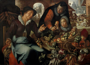Tegen een stadse achtergrond zit een groentevrouw met haar groente en fruit voor zich uitgestald: Een mand met appels, peren en komkommers, een mand met druiven, kommen met frambozen, bramen en bessen, wortels, artisjokken, meiknolletjes en kool. Op de achtergrond zitten andere groentevrouwen eveneens met hun waren uitgestald. Een rijkere vrouw met een meisje staan de waren te keuren. Het meisje houdt een appel met een rotte plek in de lucht en kijkt omhoog naar haar moeder. De moeder kijkt naar de groentevrouw die haar handen omhoog houdt: "het kan nou eenmaal gebeuren".