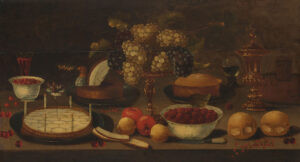 Stilleven met pasteien, een taart, broodjes, schalen met bessen en druiven, fruit, glazen en een mes.