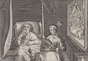 In bed ligt een man met een slaapmyts io die een slok uit een glas neemt. Naast hem staat een jongeman met een toorts en aan het voeteneind van zijn bed een oudere man met in zijn hand een takje kruiden. Aan de wand hangt een schilderij.