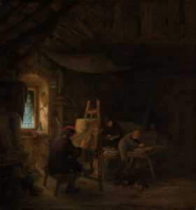 Interieur van een schildersatelier. Bij een venster zit een schilder voor een schilderij op een ezel. Hij schildert met de rechterhand geleund op een schildersstok. In het atelier zet een gezel de verven op een palet en wrijft een leerjongen verf op een steen.