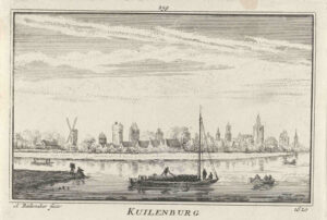 Gezicht op de stad Culemborg in de situatie omstreeks 1620. Op de voorgrond, buiten de stadsmuren, de oever van de rivier De Lek met een roeiboot en een vrachtschip met tonnen.