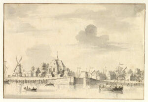 Tekening van over het water. Rechts op de rivier een zeilboot, links twee roeiboten. Op de wal (met een soort houten kade) links een molen, dan wat huizen en rechts daarnaast de kerk. In het midden de sluis met daarachter een ophaalbrug en de masten van schepen. Rechts nog meer huizen.