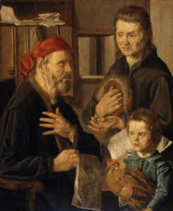 Op een stoel zit de rentmeester met een rode muts op. Voor hem ligt een groot boek, hij heeft een contract in zijn rechter hand. Zijn linker hand houdt hij voor zijn borst. Voor hem staat de pachter, hij heeft zijn hoofddeksel afgenomen en ziet er oud en vermoeid uit. Hij houdt zijn linker hand op alsof hij een aalmoes vraagt. Vooraan staat een kleine jongen met kort haar een blauwe blouse. Hij draagt een kip. Op de achtergrond hangt een kastje tegen de muur met daarop nog meer papieren en documenten.