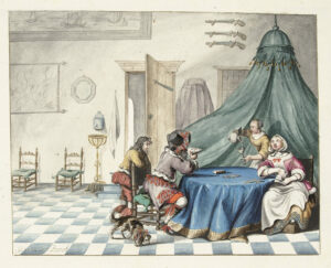 In een kamer met een zwartwit geblokte tegelvloer zitten een man en een vrouw aan een ronde tafel met een blauw kleed te kaarten. Achter de vrouw staat de dienstmeid die haar een glas wijn inschenkt. Een jonge man leunt op de stoel van de man en kijkt mee in zijn kaarten. Achter de tafel hangt aan het plafond een groen paviljoen. Een soort loshangende hemel boven een bed. Aan de muur op de achtergrond hangen drie geweren, een schilderij met schepen, een plattegrond en een spiegel. Ook hangt er een bak met een kraantje boven een soort wasbekken op een poot. Tegen de muur staan twee stoelen, een deur staat open. Op de voorgrond snuffelt een hondje met een rode strik op de grond.
