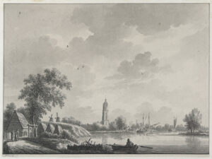 Rechts stroomt de Nederrijn met op de voorgrond een roeibootje en op de achtergrond een paar zeilboten. In de verte op de linker oever de Cuneratoren en links daarvan twee molens. Links op de voorgrond een zandpad dat langs een paar schuren loopt. Op het pad staan drie mensen.