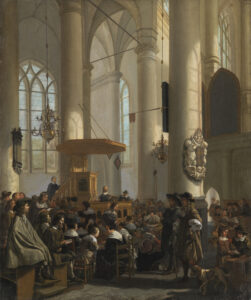 In een hoge, gotische kerk is een dienst bezig. De ker zit vol. Mensen zitten in de kerkbanken en op zelf meegenomen stoelen. Een paar mannen staan, mensen komen net binnen en op de voorgrond loopt een hond. Twee kinderen zitten met hun rug naar de preekstoel en kijken samen in de bijbel. Meer mensen zitten met een bijbel op schoot, sommigen kijken er samen in.