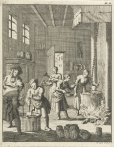 In een keuken hangt in een schouw boven een open vuur een grote ketel. Één meid roert er in, de ander gooit er iets bij. Op de voorgrond staan twee vrouwen in een andere ketel te roeren waarbij een man toe kijkt. Op de voogrond liggen wat lossen kruiken. Op de achtergrond zijn nog twee vrouwen aan het werk.