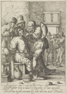 Een man zit vastgebonden aan een stoel, terwijl een man met een tang een van zijn tanden trekt. Onder de voorstelling een tweeregelig vers in het Nederlands. Get Moester hou ie hant, de duycker is dat woelen Trock me iou soo een tant, Iy sout het me wel voelen.