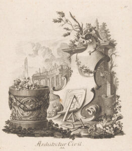 Een rocaille ornament met een bouwtekening en meetinstrumenten zoals een meetlat en passer. In de achtergrond een obelisk en een colonnade.