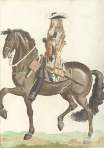 Op een koffiebruin paard dat zijn knieën hoog optrekt zit een lange slanke man fier rechtop. Hij heeft lange krullen, droevige ogen en een grote neus. Hij draagt een zwarte hoed met witte veren. Een bewerkte jas en lange zwarte laarzen.