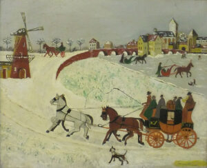 Over een besneeuwde weg rijdt een postkoets naar links richting een molen. Recht ligt een stad achter een gracht. De gracht is bevroren en op het ijs rijden arresledes en spelen kinderen. In de verte nog een koets en een rijtje besneeuwde bomen. Op de voorgrond blaft een hond naar de postkoets.