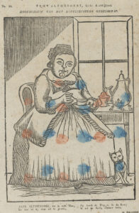 Stevige vrouw met grote jurk zit op een stoel aan een tafeltje. In haar linker hand heeft ze een schoteltje met daarop een kopje. In haar rechter hand een lepetltje. Op de tafel staat een koffiekan met een kraantje en een potje. Een kat geeft een kopje aan haar rok. Boven de prent staat: Trijn Altijddorst. Geb: Koffijlief. Hoofdvrouw van het Koffijzusters gezelschap.