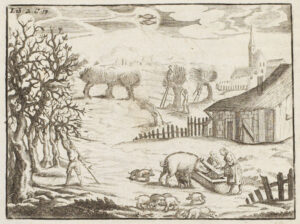Een kaal winterlandschap met op de voorgrond een vrouw en een kind die de varkens voeren. Links worden bomen gesnoeid en verderop worden wilgen geknot.